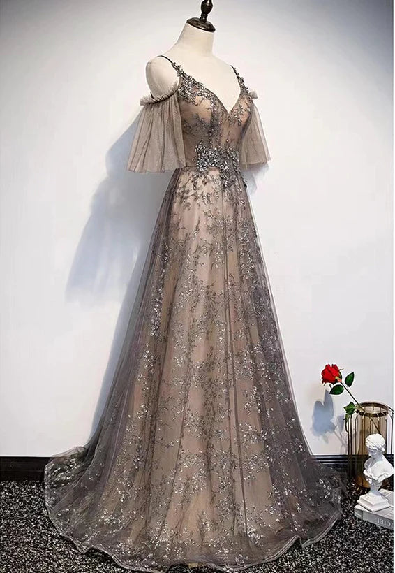 Spaghetti Straps Floor Length Champagne A-line Straps Lace Low Back Prom Dress